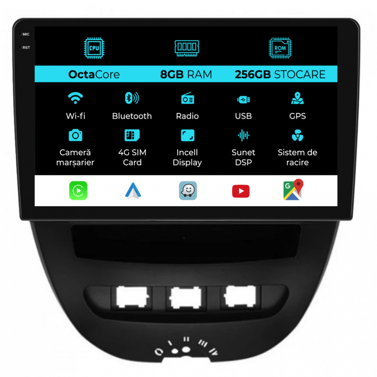 Navigatie Dedicata Peugeot 107 Citroen C1 Toyota Aygo (2005 - 2015),10Inch, 8Gb Ram, 256Gb Stocare, Carplay