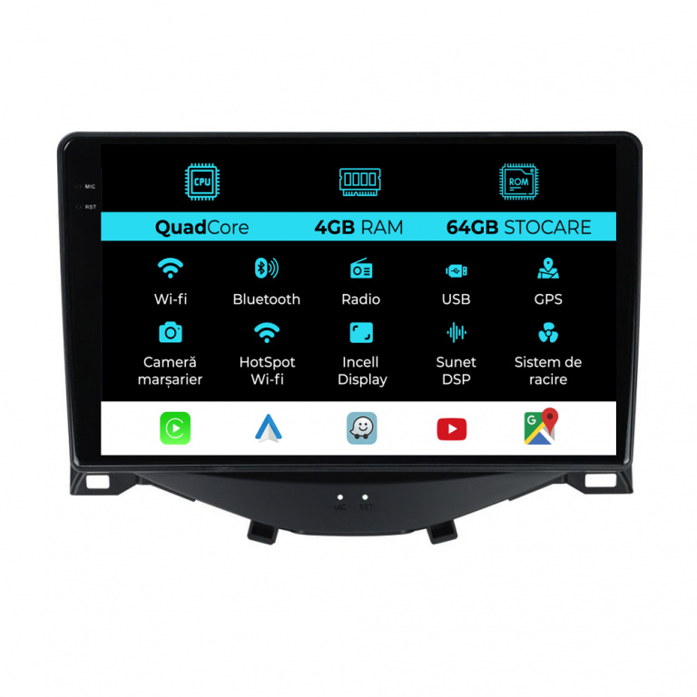 Navigatie Dedicata Peugeot 108 Citroen C1 Toyota Aygo (2014 - 2022),QuadCore, 9Inch, 4Gb Ram, 64Gb Stocare, Carplay