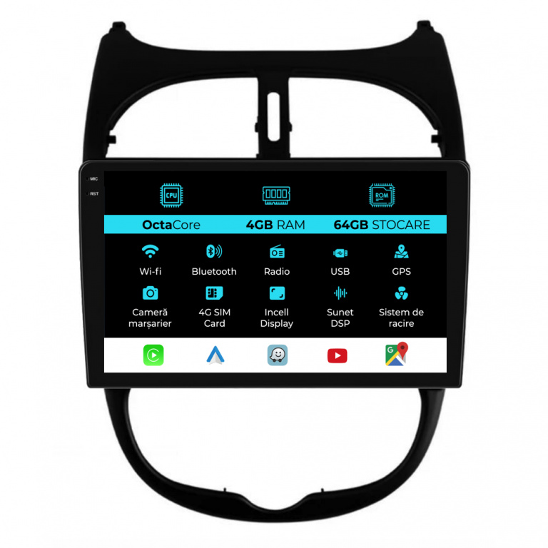 Navigatie Dedicata Peugeot 206 (2001-2008), 9Inch, 4Gb Ram, 64Gb Stocare, Carplay