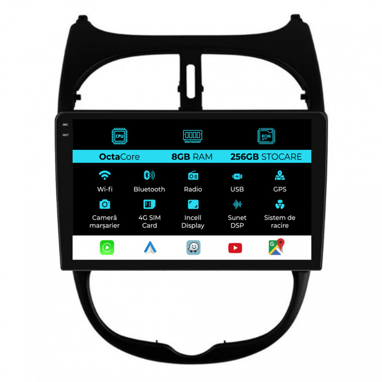 Navigatie Dedicata Peugeot 206 (2001-2008), 9Inch, 8Gb Ram, 256Gb Stocare, Carplay