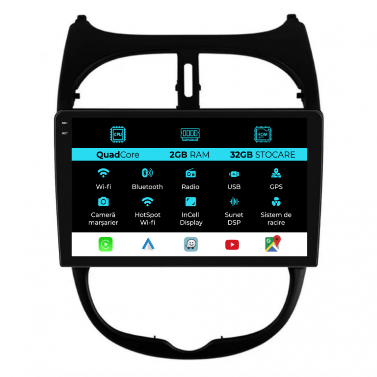 Navigatie Dedicata Peugeot 206 (2001-2008), 9Inch, 2Gb Ram, 32Gb Stocare, Carplay