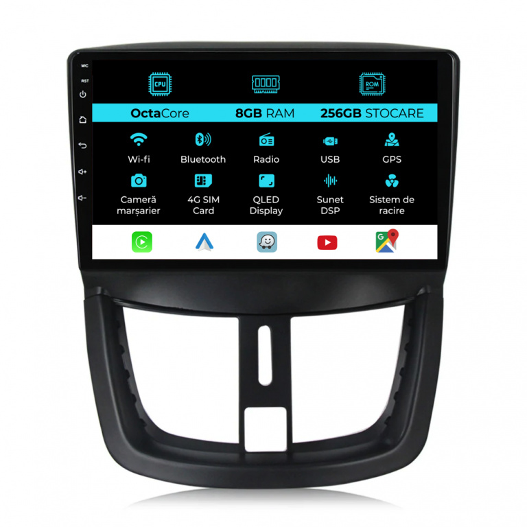 Navigatie Dedicata Peugeot 207 (2006-2015), 9Inch, 8Gb Ram, 256Gb Stocare, Carplay