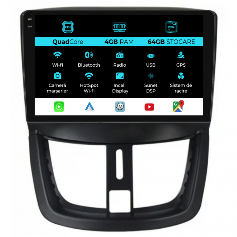 Navigatie Dedicata Peugeot 207 (2006-2015),QuadCore, 9Inch, 4Gb Ram, 64Gb Stocare, Carplay