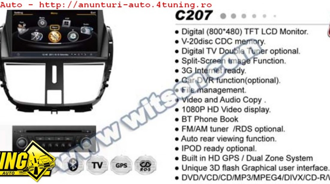 NAVIGATIE DEDICATA PEUGEOT 207 WITSON W2-C207 PLATFORMA S100 PROCESOR DUAL CORE A8 DVD TV CARKIT