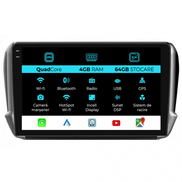 Navigatie Dedicata Peugeot 208 2008 (2013-2018),QuadCore, 10Inch, 4Gb Ram, 64Gb Stocare, Carplay