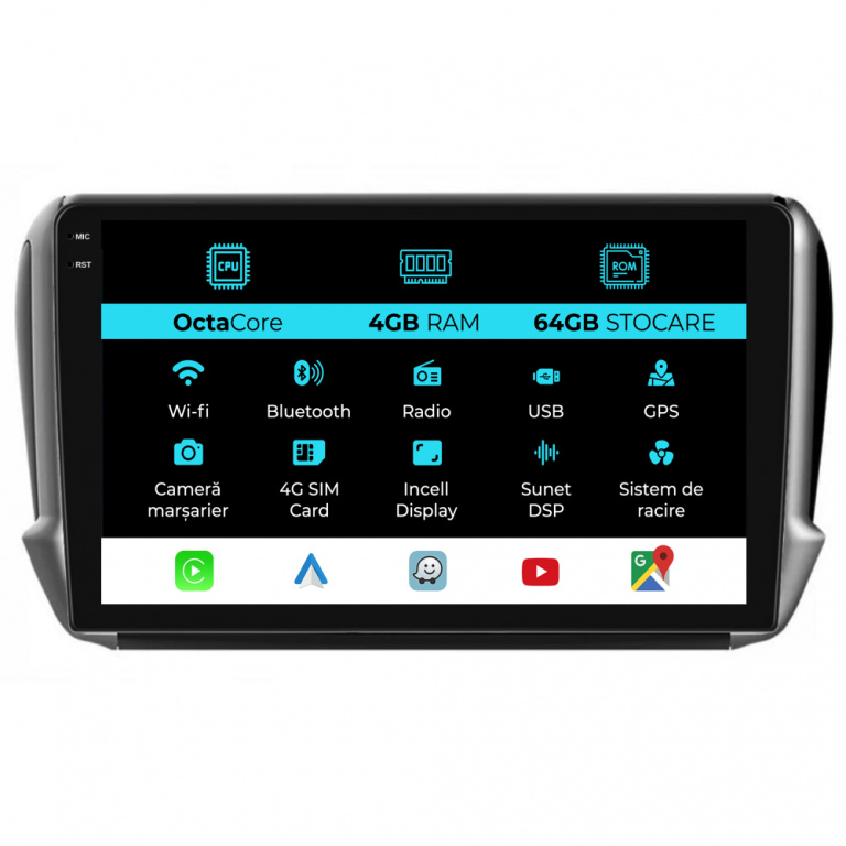 Navigatie Dedicata Peugeot 208 2008 (2013-2018), 10Inch, 4Gb Ram, 64Gb Stocare, Carplay