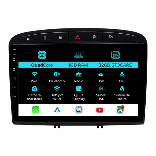 Navigatie Dedicata Peugeot 308 408 (2008-2013), 9Inch, 1Gb Ram, 32Gb Stocare, Carplay