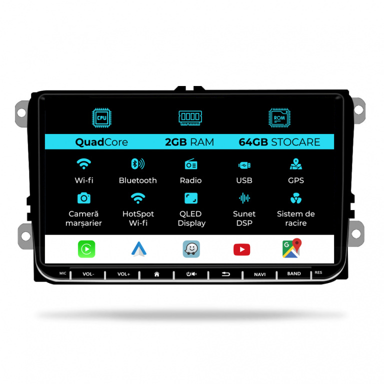 Navigatie Dedicata Seat, Android, 9Inch, 2Gb Ram, 64Gb stocare, Bluetooth, WiFi, Apple Carplay Android Auto
