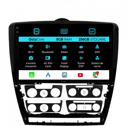 Navigatie Dedicata Skoda Octavia 2 (2004-2013), 10Inch, 8Gb Ram, 256Gb Stocare, Carplay