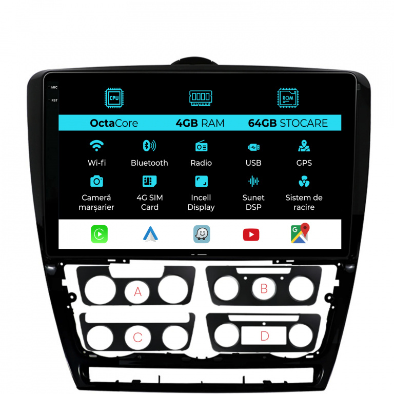 Navigatie Dedicata Skoda Octavia 2 (2004-2013), 10Inch, 4Gb Ram, 64Gb Stocare, Carplay