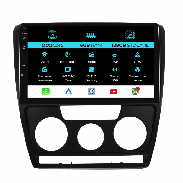 Navigatie Dedicata Skoda Octavia 2 (2004 - 2013), 10Inch, 6Gb Ram, 128Gb Stocare, Carplay