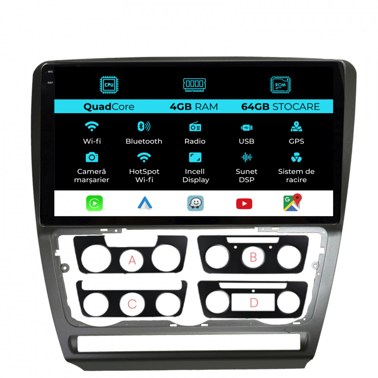 Navigatie Dedicata Skoda Octavia 2 (2004-2013), 10Inch,QuadCore, 4Gb Ram, 64Gb Stocare, Carplay