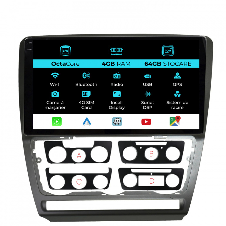 Navigatie Dedicata Skoda Octavia 2 (2004-2013), 10Inch, 4Gb Ram, 64Gb Stocare, Carplay
