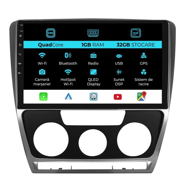 Navigatie Dedicata Skoda Octavia 2 (2004 - 2013), 10Inch, 1Gb Ram, 32Gb Stocare, Carplay