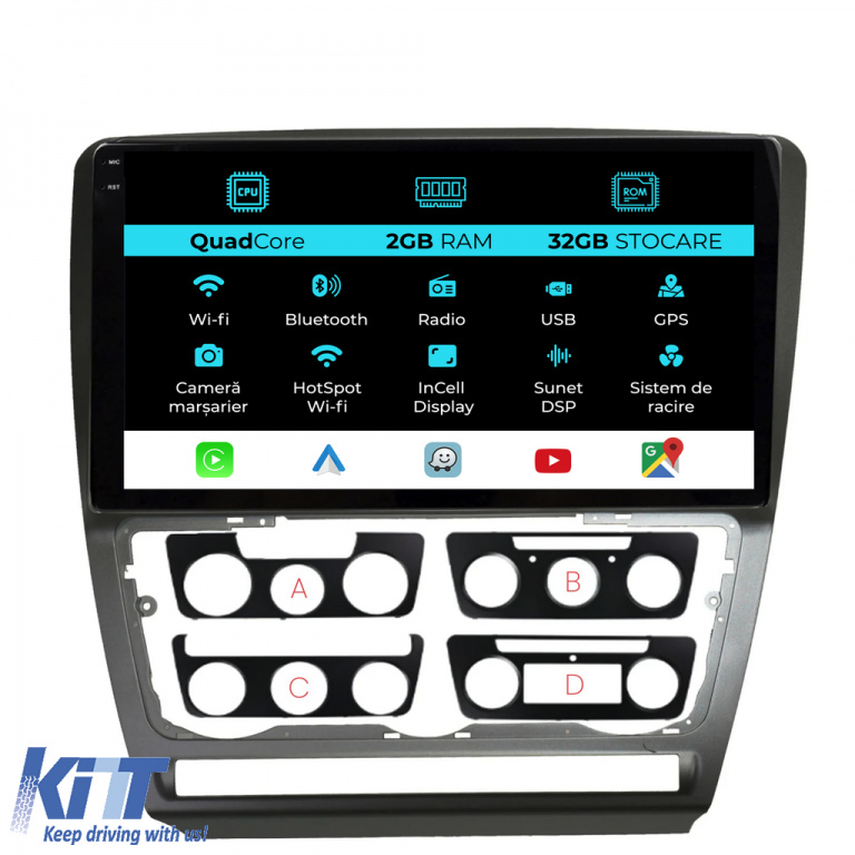Navigatie Dedicata Skoda Octavia 2 (2004-2013), 10Inch, 2Gb Ram, 32Gb Stocare, Carplay NAVSK102ULM