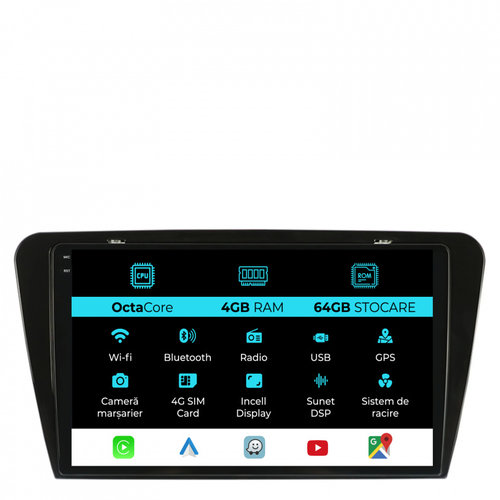 Navigatie Dedicata Skoda Octavia 3 (2013-2018), 10Inch, 4Gb Ram, 64Gb Stocare, Carplay