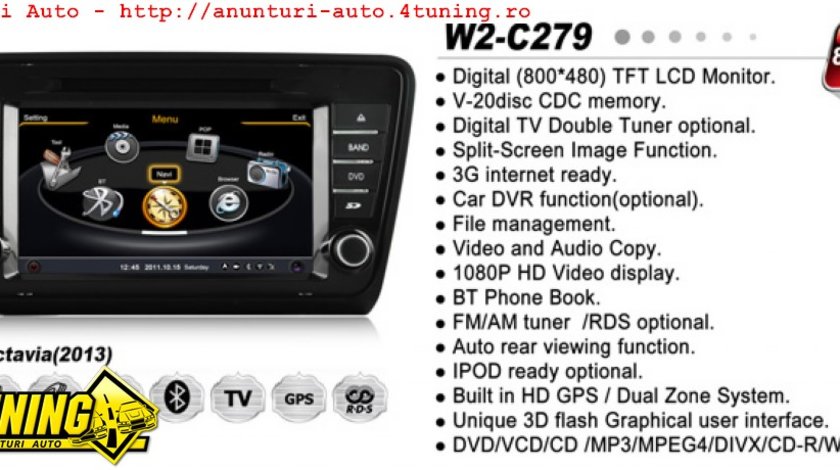 NAVIGATIE DEDICATA SKODA OCTAVIA 3 2013 WITSON W2 C279 PLATFORMA S100 PROCESOR DUAL CORE A8 1GHZ 512 DDR 2 DVD GPS TV DVR CARKIT PRELUARE AGENDA TELEFONICA