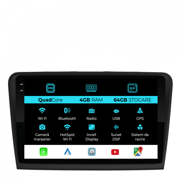 Navigatie Dedicata Skoda Superb 2 (2008-2015),QuadCore, 10Inch, 4Gb Ram, 64Gb Stocare, Carplay