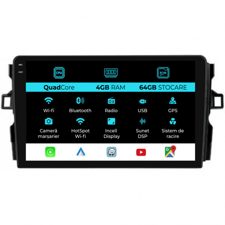 Navigatie Dedicata Toyota Auris (2006 - 2012),QuadCore, 10Inch, 4Gb Ram, 64Gb Stocare, Carplay
