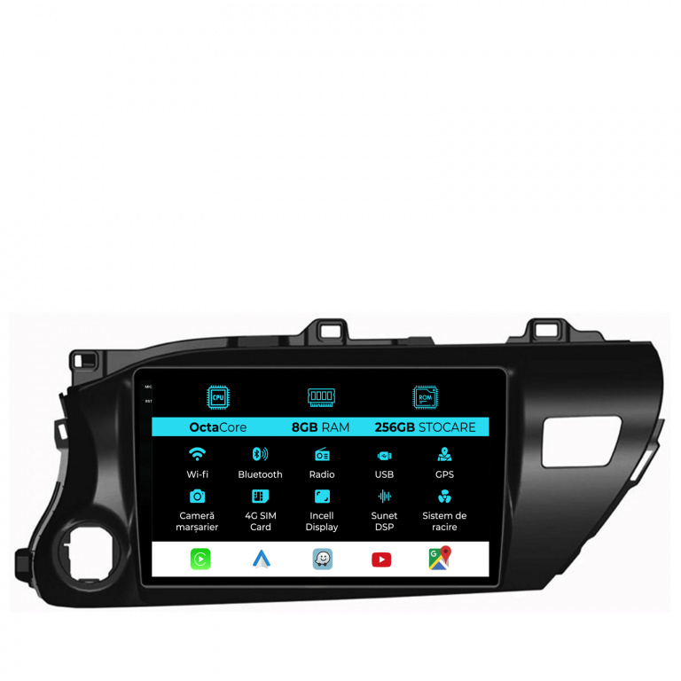 Navigatie Dedicata Toyota Hilux 2015+, 10Inch, 8Gb Ram, 256Gb Stocare, Carplay