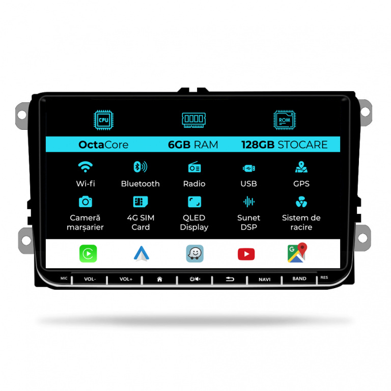 Navigatie Dedicata Volkswagen, Android, 9Inch, 6Gb Ram, 128Gb stocare, Bluetooth, WiFi, Waze, Canbus