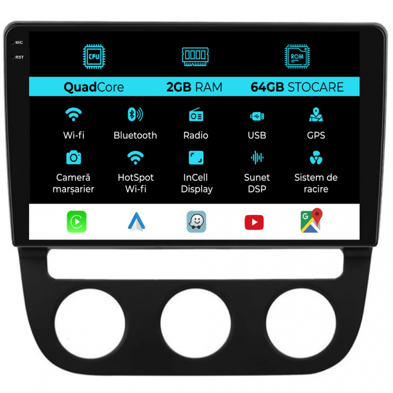Navigatie Dedicata Volkswagen Golf5 Jetta (2004-2009), 10Inch, 2Gb Ram, 32Gb Stocare, Carplay - Clima Automata