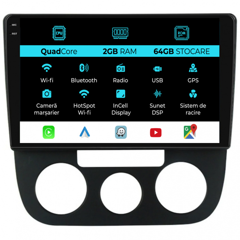 Navigatie Dedicata Volkswagen Golf5 Jetta (2004-2009), 10Inch, 2Gb Ram, 32Gb Stocare, Carplay - Clima Manuala
