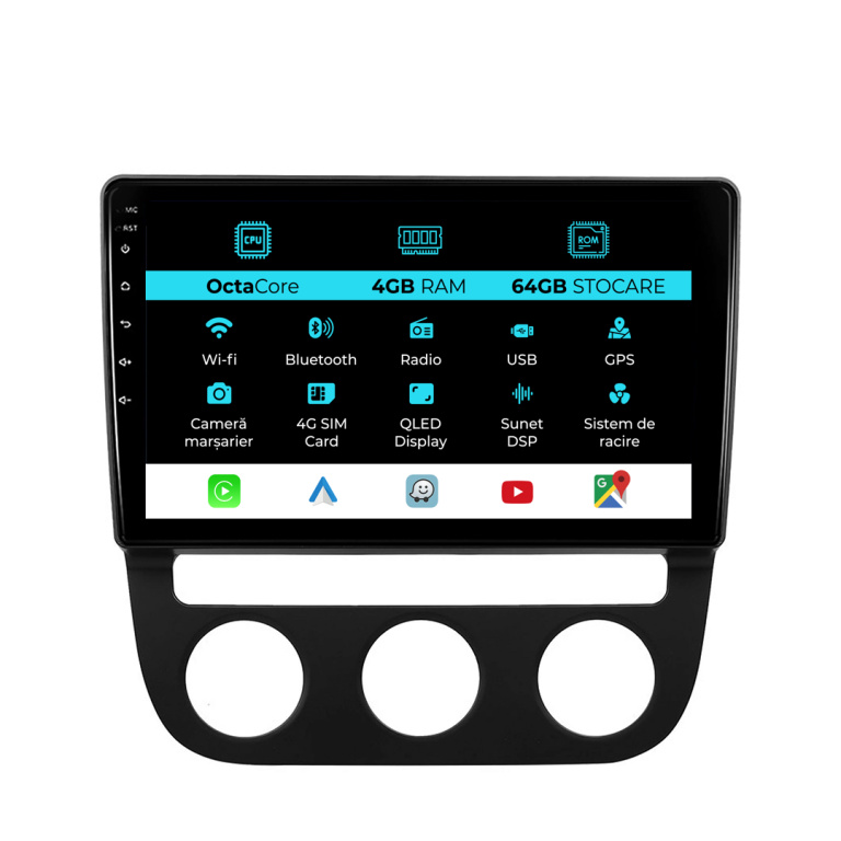 Navigatie Dedicata Volkswagen Golf5 Jetta (2004-2009), 10Inch, 4Gb Ram, 64Gb Stocare, Carplay
