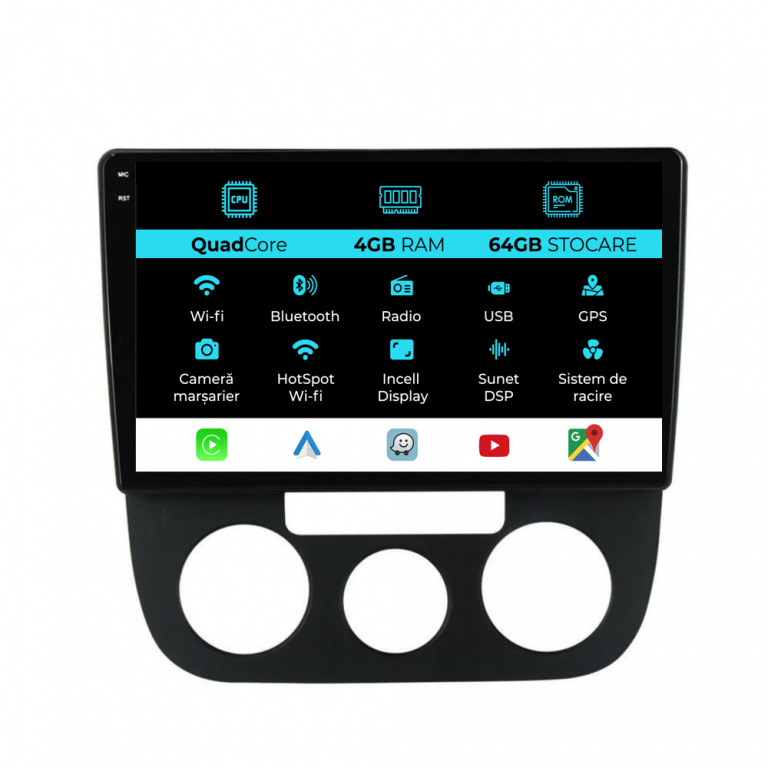 Navigatie Dedicata Volkswagen Golf5 Jetta (2004-2009),QuadCore, 10Inch, 4Gb Ram, 64Gb Stocare, Carplay - Clima Manuala