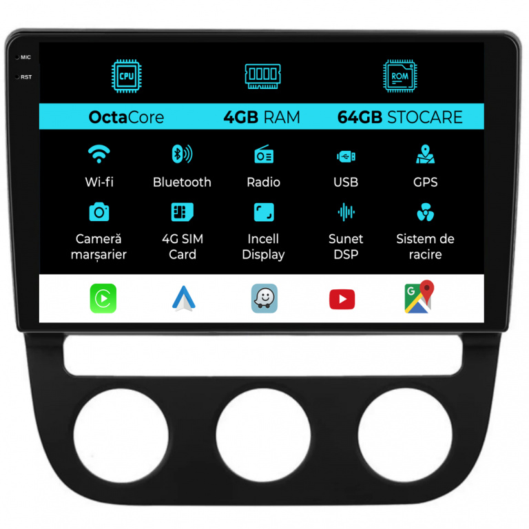 Navigatie Dedicata Volkswagen Golf5 Jetta (2004-2009), 10Inch, 4Gb Ram, 64Gb Stocare, Carplay - Clima Automata