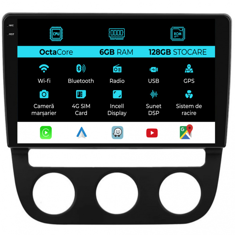 Navigatie Dedicata Volkswagen Golf5 Jetta (2004-2009), 10Inch, 6Gb Ram, 128Gb Stocare, Carplay - Clima Automata