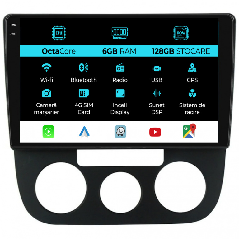 Navigatie Dedicata Volkswagen Golf5 Jetta (2004-2009), 10Inch, 6Gb Ram, 128Gb Stocare, Carplay - Clima Manuala