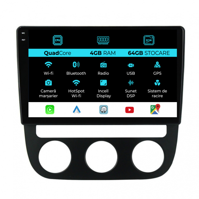 Navigatie Dedicata Volkswagen Golf5 Jetta (2004-2009),QuadCore, 10Inch, 4Gb Ram, 64Gb Stocare, Carplay - Clima Automata