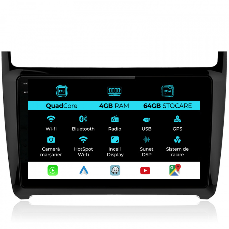Navigatie Dedicata Volkswagen Polo (2009-2018),QuadCore, 9Inch, 4Gb Ram, 64Gb Stocare, Carplay