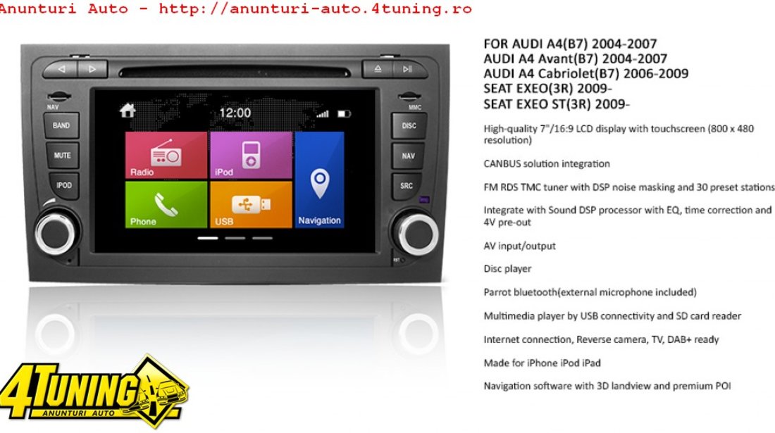 Navigatie Dynavin N6 A4 Dedicata Audi A4 Seat Exeo Carkit Parrot Dual Radio Tuner Model Premium