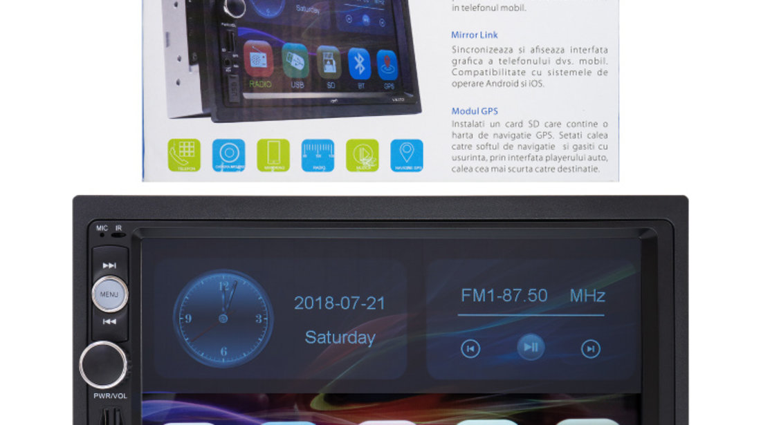 Navigatie multimedia PNI V8270 2 DIN cu GPS MP5, touch screen 7 inch, radio FM, Bluetooth, Mirror Link, AUX, USB, microSD PNI-V8270