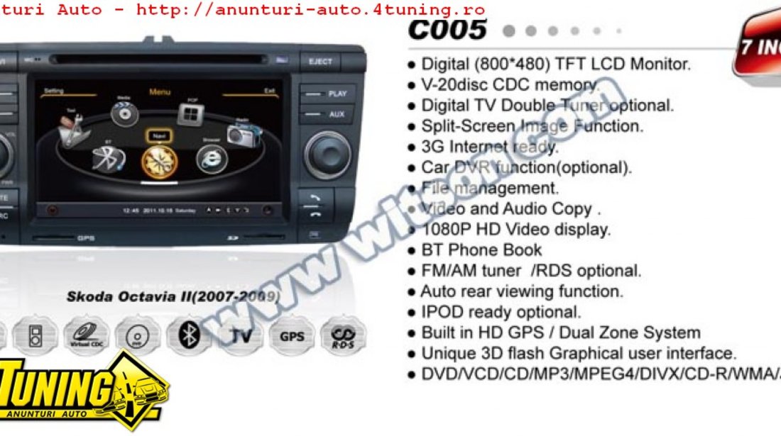 NAVIGATIE WITSON W2 C005 DEDICATA SKODA OCTAVIA 2 PLATFORMA S100 PROCESOR DUAL CORE A8 1GHZ 512 DDR 2 INTERNET 3G WIFI DVD GPS TV DVR CARKIT PRELUARE AGENDA TELEFONICA MODEL 2014