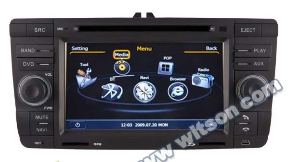 NAVIGATIE WITSON W2 C005 DEDICATA SKODA OCTAVIA 2 PLATFORMA S100 PROCESOR DUAL CORE A8 1GHZ 512 DDR 2 INTERNET 3G WIFI DVD GPS TV DVR CARKIT PRELUARE AGENDA TELEFONICA MODEL 2014