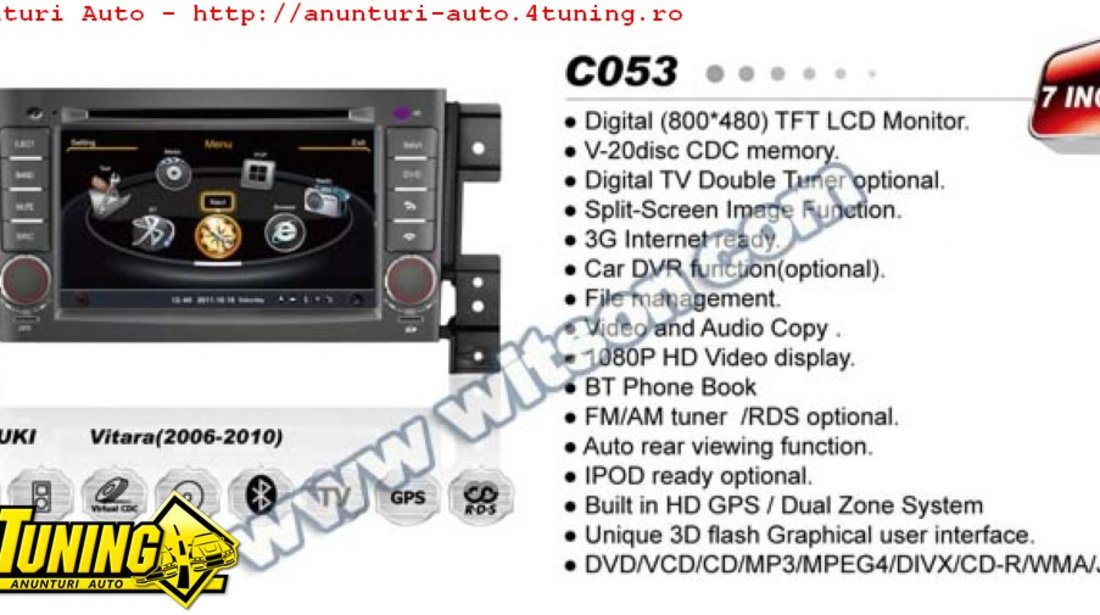 NAVIGATIE WITSON W2-C053 DEDICATA SUZUKI GRAND VITARA PLATFORMA S100 PROCESOR DUAL CORE A8 1GHZ 512 DDR 2 DVD GPS TV DVR CARKIT PRELUARE AGENDA TELEFONICA