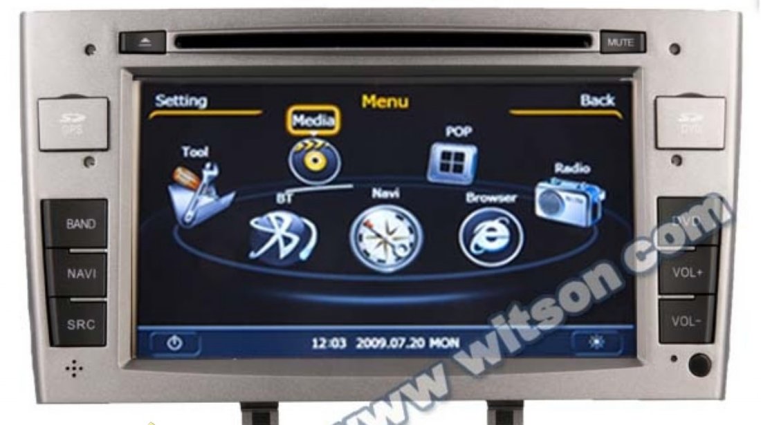 NAVIGATIE WITSON W2-C083 DEDICATA PEUGEOT 308 408 PLATFORMA S100 PROCESOR DUAL CORE A8 1GHZ 512 DDR 2 DVD GPS TV DVR CARKIT PRELUARE AGENDA TELEFONICA