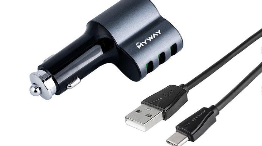 Încărcător 12/24v 3x Usb Auto-id Max 5.1a Cu Priză Brichetă + Cablu Usb&gt; Usb-c Maway 63003