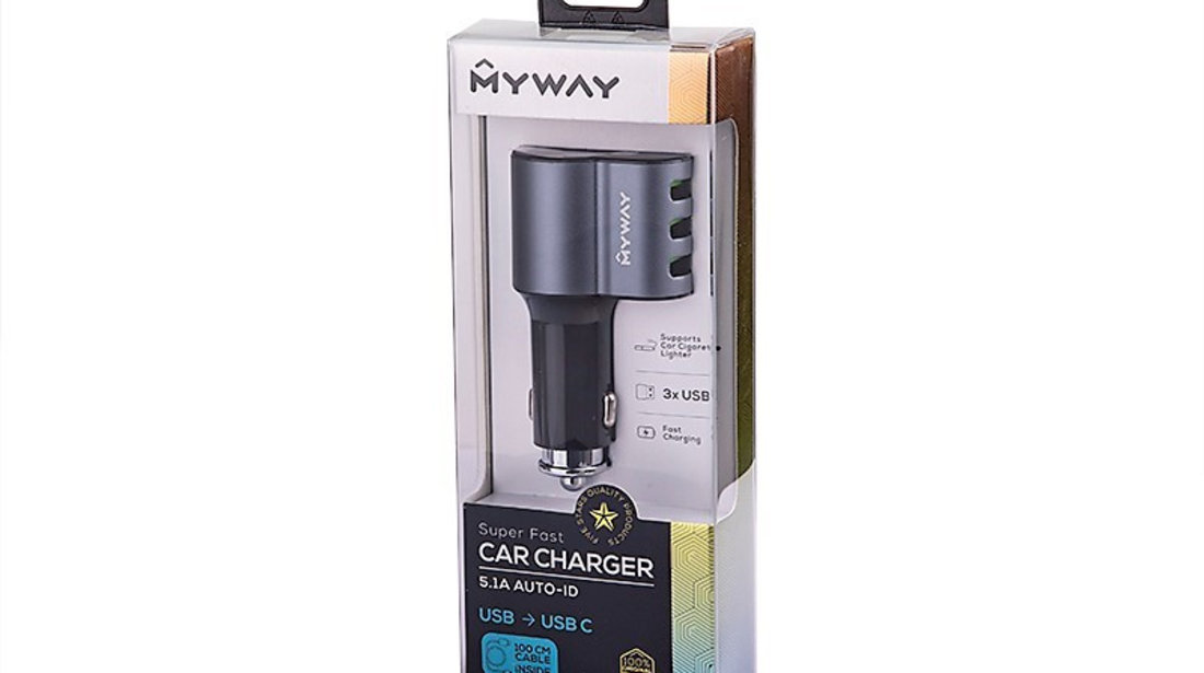 Încărcător 12/24v 3x Usb Auto-id Max 5.1a Cu Priză Brichetă + Cablu Usb&gt; Usb-c Maway 63003