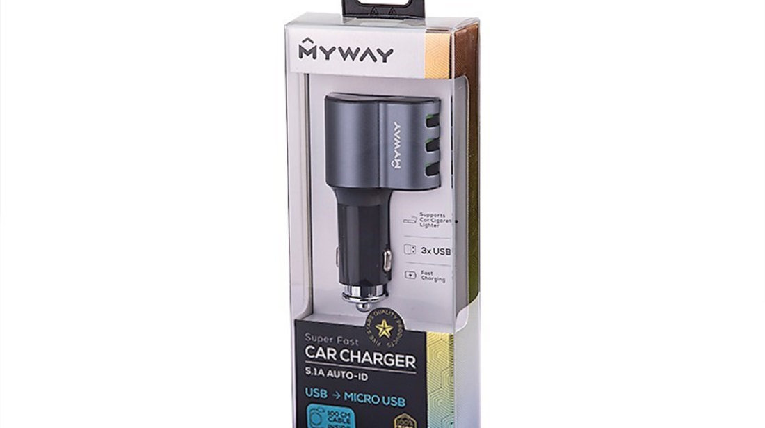 Încărcător 12/24v, 3x Usb Auto-id Max 5.1a Cu Priză Brichetă + Cablu Usb&gt; Micro Usb Maway 63002