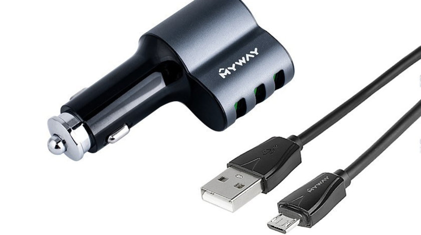 Încărcător 12/24v, 3x Usb Auto-id Max 5.1a Cu Priză Brichetă + Cablu Usb> Micro Usb Maway 63002