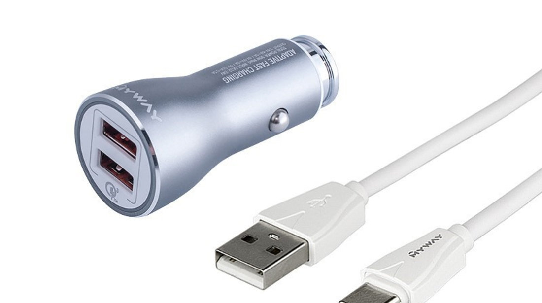 Încărcător 12/24v Qc3.0, 2x Usb Auto-id, Max 4,2a + Usb&gt; Cablu Usb-c Maway 63007