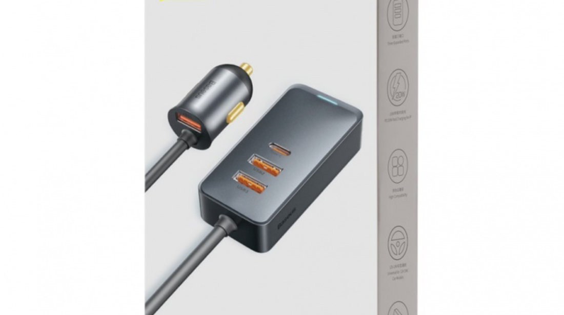 Încărcător Auto Baseus Share Together 3x USB / USB Tip C 120W PPS Quick Charge Power Delivery Gri CCBT-B0G