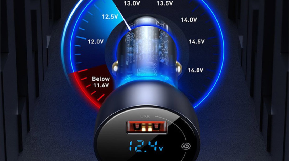 Încărcător Auto Baseus USB / USB Tip C 65 W 5 A SCP Quick Charge 4.0+ Power Delivery 3.0 Display LCD + USB Tip C - Cablu USB Tip C Transparent (CCKX-C0A)