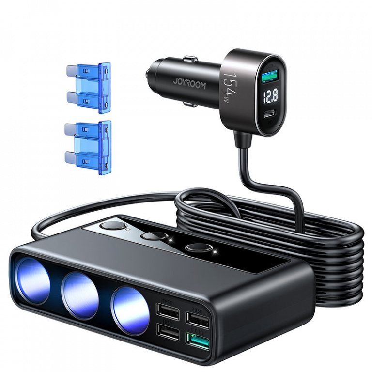 Încărcător Auto Multifunctional Pentru Laptop Joyroom 9In1 154W - 5X Usb / 1X Usb Tip C / 3X Priză Pentru Brichetă Livrare Energie / Încărcare Rapidă / Pps / Afc / Fcp Negru JR-CL06