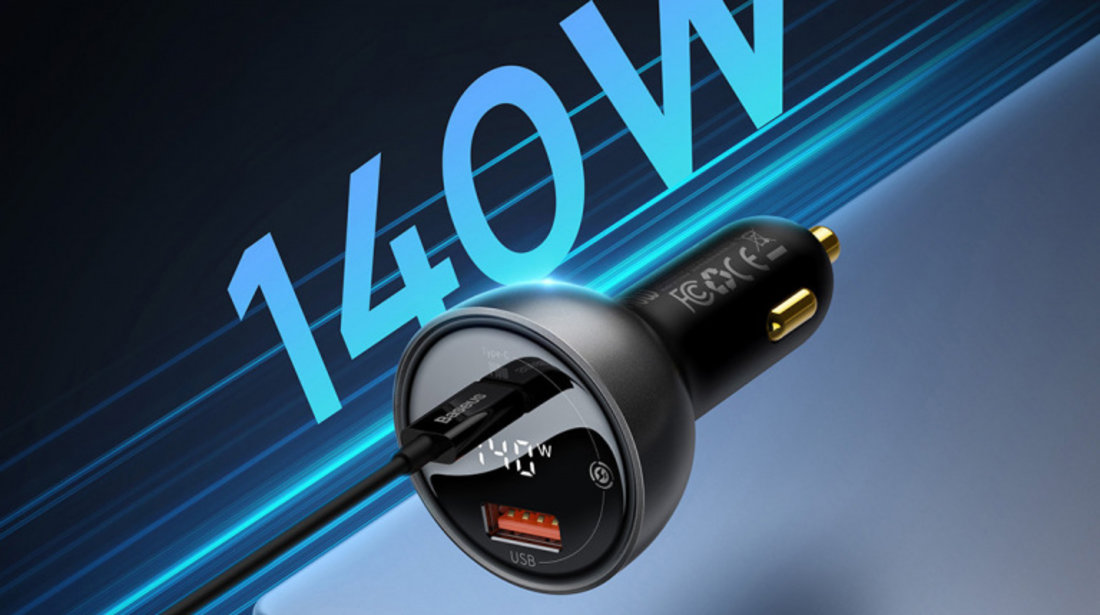 Încărcător Auto Rapid Baseus Digital Display USB-A / USB-C PD3.1 140W Negru + Cablu USB-C Baseus Superior Series 5A 240W 1m Negru (CGZX070001)