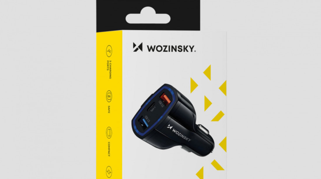 Încărcător Auto Wozinsky USB X2 și USB C Negru (WCC-01) 5907769300004
